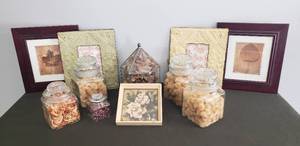 lot 3 image: Collection of Opothocary Jars with Dried Flowers, Embossed Metal Frames, Wood Framed Leaf Prints, Vintage Gardenia Print by Ann Cochran