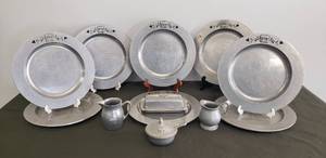 lot 4 image: Vintage Carson Pewter - Freeport, PA, Country Cottage Pattern - Eight 10in Dinner Plates, Creamer, Lidded Sugar with Spoon, Covered Butter Dish, and Extra Pewter CreamMilk Pitcher