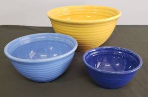 lot 5 image: Vintage Bauer Mixing Bowls  - Ring Ware Pattern - Yellow 11in W X 5.5in T,  Robin Egg Blue 7.5in x 4in T, Cobalt Blue 5.75in x 3in T - See pictures for Wear