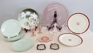 lot 10 image: RS Prussia Magnolia Handled Plate wGold Trim, Johnson Bros Green Cloud Plates, Pink Depression Bon-Bon Trays, Pink Swirl Wine Goblets, Metal Trim Tidbit trays, Taylor Smith Rose Transferware Plates, & Janette Glass Windsor Pattern 13.5in Cake Plate