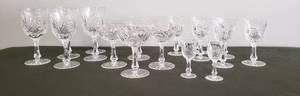 lot 12 image: Antique Cut Crystal HOBSTAR Pattern Stemware - 5 Wine Goblets, 4 Champaigne Glasses, 6 Cordial Stems, & 2 Sherry Stems