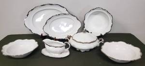 lot 15 image: Vintage MITTERTEICH Bavaria China - Platinum Princess Pattern - Handled Casserole with Lid, Large Serving Platter, Small Serving Platter, Gravy Boat with attached Underplate and 3 Serving Bowls