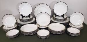 lot 16 image: Vintage MITTERTEICH Bavaria China - Platinum Princess Pattern - 11 Dinner Plates 10.5in, 12 SaladLuncheon Plates 7.75in, 12 Soup Bowls 8in, 12 Bread & Butter Plates 6.75in, 12 Berry Bowls 5in - Including Felt Rounds for Storage