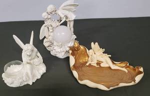 lot 17 image: Fairy Collection Decor - Veronese Fairy on Lily Pad Dresser Tray - Echo Valley Kissing Fairies Solar Lamp - Retired Partylite Ariana Fairy Votive Lamp