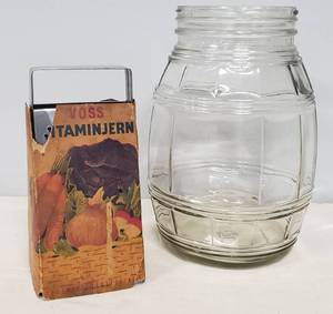 lot 26 image: Vintage Hazel Atlas Clear Glass Gallon Barrel Design Pickle Jar - No 3 A 449 - No lid & VOSS Fredericia VITAMINJERN Stainless Steel Grater Made in Denmark with Original Printed Cardboard Package