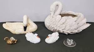lot 27 image: Large Resin Swan Planter, Painted Swan Figurine, Pair of Porcelain Royal Heritage Swans, Glass Swan Ring Holder Tray Signed Lalique France & Metallic Gold Ceramic Swan Mini Vase
