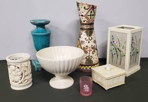 lot 28 image: Ceramic Candle Stand & Console Bowl, Resin Candle Lamp, Metal Candle Box with Lid, Metal & Glass Candle Lantern, & Large Ceramic Vase