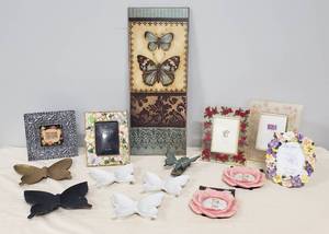 lot 29 image: Brass, Cast Metal & Ceramic Butterfly Ashtrays - Butterfly Wall Art, Floral Photo Frames, and Verdi Metal Butterfly Door Knocker
