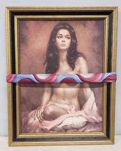 lot 30 image: Vintage Signed Larry Vincent Garrison - Brunette Woman Boudoir Print in Gold with Black Trimmed Frame - 22in W x 28.5in T - Scarf not Included....