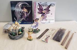 lot 31 image: Amberwood  #8963 - Claire with Unicorn Fountain, Sierra with Snail, Nena Thompson Fluttering Magic #A0429 Amethyst Haze, Incense Holder & Sticks - 2006 Calendars The Faery Realm of Amy Brown, Faeries & Fantasy by Nene Thomas