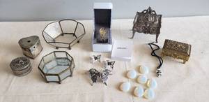 lot 36 image: Vintage DKNY Womens Gold Tone Bangle Link Bracelet Wrist Watch in Original Box, Etched Glass Dresser Box & Dish, Silver Plate Trinket Boxes, Metal Jewelry Cases, Butterfly Hair Clips, Moonstone Beads & Cross on Leather Choker Necklace