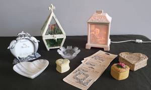 lot 44 image: Hand Made Porcelain Bisque Night Light Lamp, Metal & Glass Terrarium with Faux Florals, LALIQUE Crystal Frosted Baby Head Diaper Pin Dresser Dish MADE IN FRANCE, Dolphin Frame, Onyx Heart Dish, and Heart Trinket Boxes