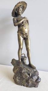 lot 50 image: Antique Metal Art - After Giovanni Varlese - Brass Sculpture of Pescatorello Boy with Fish - With Original Tag Stamped Shipped by F.D.E.T Paris -  Made in France - 14in T x 7in L x 4.5in W
