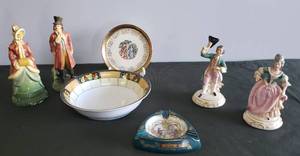 lot 57 image: Vintage JABESON 1944 Victorian Couple 7in T, Glazed Chalkware Couple (Repaired) 8in T, Vintage Crest-O-Gold 22K Gold Trim Plate 6.25in W, Vintage NORITAKE Floral Gold Trim Bowl 8.75in W, & Victorian Transfer Ashtray - Souvenir of Albany, GA
