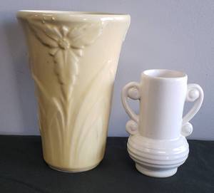 lot 59 image: Vintage USA Pottery - Yellow FloralIris Vase 7in T & White Handled Bud Vase 4.25in T - Both Bottom Stamped