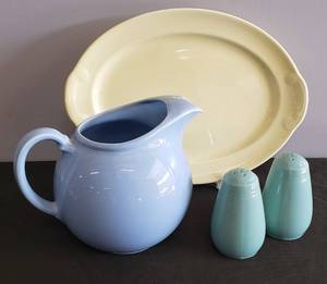 lot 61 image: Vintage LU-RAY PASTELS U.S.A. - Windsor Blue Ice Lip Ball Pitcher #7 41 - Bottom Stamped, 1940s Yellow Tab Handled Oval 13.5in Serving Tray - Bottom Stamped, and 1940s Turquoise Ceramic Salt & Pepper Shaker Set
