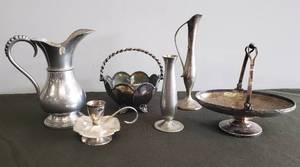 lot 65 image: Vintage Queen Art Pewter Pitcher 6in T - Made in USA, DAALDEROP HOLLAND Pewter Bud Vase 4.5in Tall, Wilcox Silverplate Candy Basket, BRS Nickel Silver Condiment Basket, Silverplate Fingertip Candle Holder & Handled Pitcher Bud Vase