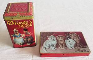 lot 67 image: Antique DROSTES COCOA 1lb.Tin - Haarlem Holland & Antique DROSTE Langues de Chats Candy Tin - Haarlem Holland