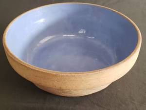 lot 70 image: Vintage CrockeryStoneware Large MixingBread Bowl with Blue Glaze Interior, Basketweave Sides & Large Star Embossed on Bottom - 11in W x 4in T