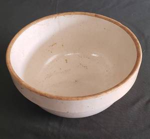 lot 71 image: Antique Large Hand Turned Crock BreadMixing Bowl - Stamped 1GL - 11in W x 5 in T