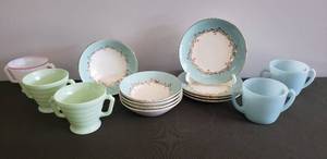 lot 76 image: Vintage Hazel Atlas MODERNTONE Platonite - 2 Pastel Green & 1 Milk Glass Sugar Bowls Circa 1940s, 2 Vintage FIRE-KING Ovenware Delphine Blue Sugar Bows, and 9 pcs. Vintage LIfetime China Co. GOLD CROWN Dishes - 5 Berry Bowls & 4 BreadButter Plates