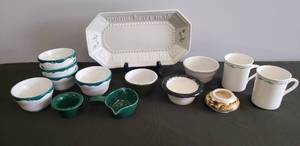 lot 78 image: Vintage Restaurant Ware RamekinsSoup Bowls, Coffee Mugs, & Custard Dishes - and a Vintage PFALTZGRAFF Heirloom Stoneware Joyous Heart Bread Tray