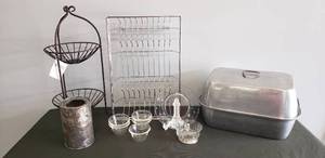 lot 80 image: Vintage Metal Roaster with Liner Tray, New Metal Dish Drainer Rack, New 2 Tier Fruit Rack, Silver Plate Sugar Cannister no lid, Glass Ramekins & Serving Dishes
