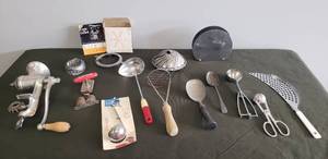 lot 81 image: Large Collection of Vintage Kitchen Tools, & Cooking Utensils - Chopper, Grinder, Ladles, Scoops, Masher, Strainers, Opener