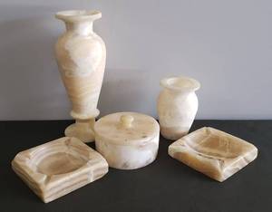 lot 90 image: Vintage Carved Onyx Made in Egypt - Large Vase 10in T, Small Vase 4.5in T, Lidded PowderCandy Dish (Has chip on rim), and Two 5in Square Marble Ashtrays