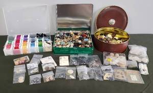 lot 92 image: 2 Metal Tins FULL of Vintage Buttons, and New DARICE Embroidery Thread in Storage Case