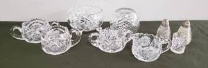 lot 97 image: Vintage Heavy 24% Lead Crystal - 2 Sawtooth Edge CreamSugar Sets, 3 Footed Candy Dish, Ball Vase, SaltPepper Set, & Toothpick Holder