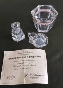lot 98 image: Vintage LENOX Full Lead Crystal Cats Salt & Pepper Set with Certificate of Authenticity & Ralph Lauren Crystal Votive Candle Holder