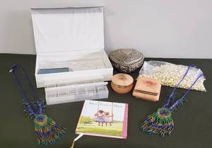 lot 108 image: Vintage Carved Alabaster Dresser Box & Powder Jar - Large Embossed Metal Heart Felt Lined Jewelry Vault - Jewelry making Beads - Bead Sorter Containers in Storage Box - Hand Made Peacock Feather Design Necklaces - Sisters Gift Book