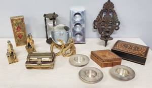 lot 112 image: Carved Wood & Marquetry Trinket Boxes, Bronze Metal Candle Sconce, Votive Holders, Brass Hour Glass, Serpent stand with Crystal Ball, & Unicorn BookendPaperweights