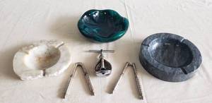 lot 117 image: Vintage Marble, Alabaster, & Imperial End of Day Glass Ashtrays - Metal Nut Crackers