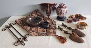 lot 119 image: Vintage Handmade Pottery Bowls, Beaded Tapestry Table Runner 70in L, Metal Wall Hangers, Old Wood Shoe Forms, Black Forest Wall Shelf, Cloisonne Lidded Brass Ginder Jar on Wood Stand, Marble & Imperial End of Day Ashtrays