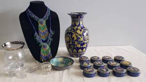 lot 121 image: Hand Made Peacock Feather Design Necklaces (Bust Display Not Included), Large Painted Cobalt & Canary Urn Vase, Vingage Pewter & Enameled Porcelain Ashtray, Glass Salt CellarDips, Silver Trim Vase, & Set of 12 Zodiac Candle Tins