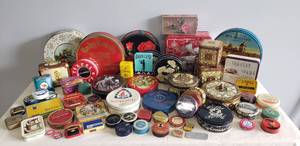 lot 123 image: Large Lot of Vintage Product & Advertising TinsBoxes - Candy, Fruit Cake, Biscuits, Coffee, Elvis, Soap, Etc - Various ShapesSizes