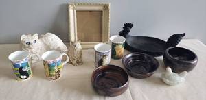 lot 126 image: Classic Critters Persian Cat Figurine, Resi-Stone Cat Shelf Sitter, 4 Cat Fancy Coffee Mugs, Vintage Frame, Rooster Tray, Milk Glass Mini Hen on Nest Dish, & 3 Hand Made Pottery BowlsPlanters