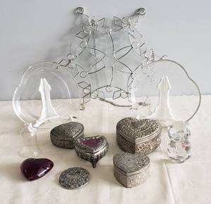 lot 128 image: FENTON Crystal Bear Figurine with Pink Heart Stone, Large Beveled Glass Suncatcher, Glass Heart Dresser Trays, Blown Red Glass Heart Paperweight, Fairy Cloche, Pewter Heart Candle Jar Topper, & 4 Antiqued Metal Filigree Lined Heart DresserJewelry Boxes