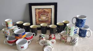 lot 131 image: Framed Cafe Espresso Print  Large Collection of Coffe, Cocoa, & Soup Mugs