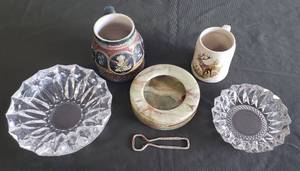 lot 135 image: Vintage A & Eagle Collector Series 1994 Numbered BUDWEISER Crock Mug & Old Metal Budweiser Bottle Opener, Crockery Mug with Buck, Heavy Glass Ashtrays, & Carved Marble Ashtray