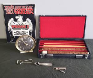 lot 136 image: Vintage Westclox BIG BEN Alarm Clock, Ernie Ball How to Play Guitar Book 1983, Vintage Wood Screw Together Pool Cue Stick in Case, Vintage PEPSI COLA Bottle Opener, Anchor Opener by Rosemarg Products, & Church Grape Juice Company OpenerCork Screw