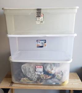 lot 142 image: 3 STERILITE Storage Tubs with Lids - Two 106qt & One 90qt - 1 with packing material inside