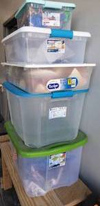 lot 144 image: 5 Various Size Storage Tubs with Lids - 15qt, 32qt, 8.5gal, 70qt, & 71qt, - 4 have packing material inside