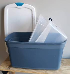 lot 147 image: 3 Tubs without Lids - 35qt, 66qt. and 30gal & 1 Exrtra Sterilite Lid for a 106qt Tub