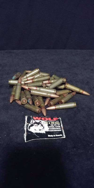 lot 106 image: Lot of 36 7.62x39mm Wolf Cartridges