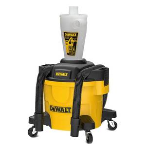 lot 1631 image: DEWALT Dust Separator with 6 Gallon Poly Tank, 99.5% Efficiency Cyclone Dust Collector, High-Performance Cycle Powder Collector Filter, DXVCS002, Yellow