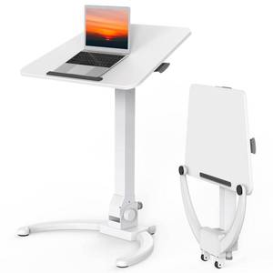 lot 1632 image: JOY worker Foldable Mobile Standing Desk, Height Adjustable Sit Stand Desk, 90° Tiltable Rolling Laptop Desk, Portable Desk with Wheels Non-Slip Mat for Home Office, Holds Up to 22lbs, White. (Table Surface Is Scratched)