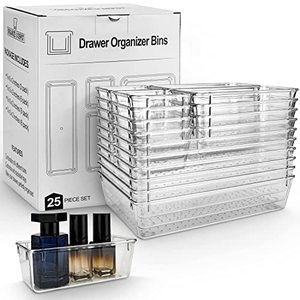 lot 1645 image: Non-Slip 25 Piece Drawer Organizer Bin Set- Clear bins with stick on non slip pads